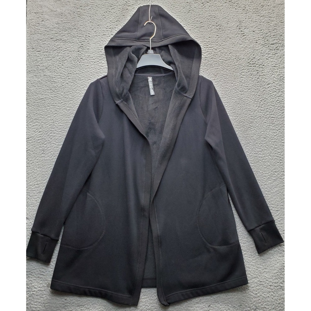 90 Degree By Reflex Cardigan Sweater Women L Black Long Sleeve Hooded Open-Front